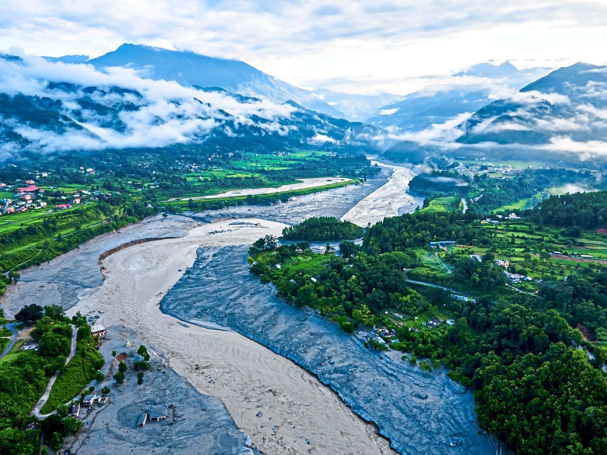 An aerial view shows the aftermath of severe flooding along the Bhotekoshi River in Nuwakot, Nepal.