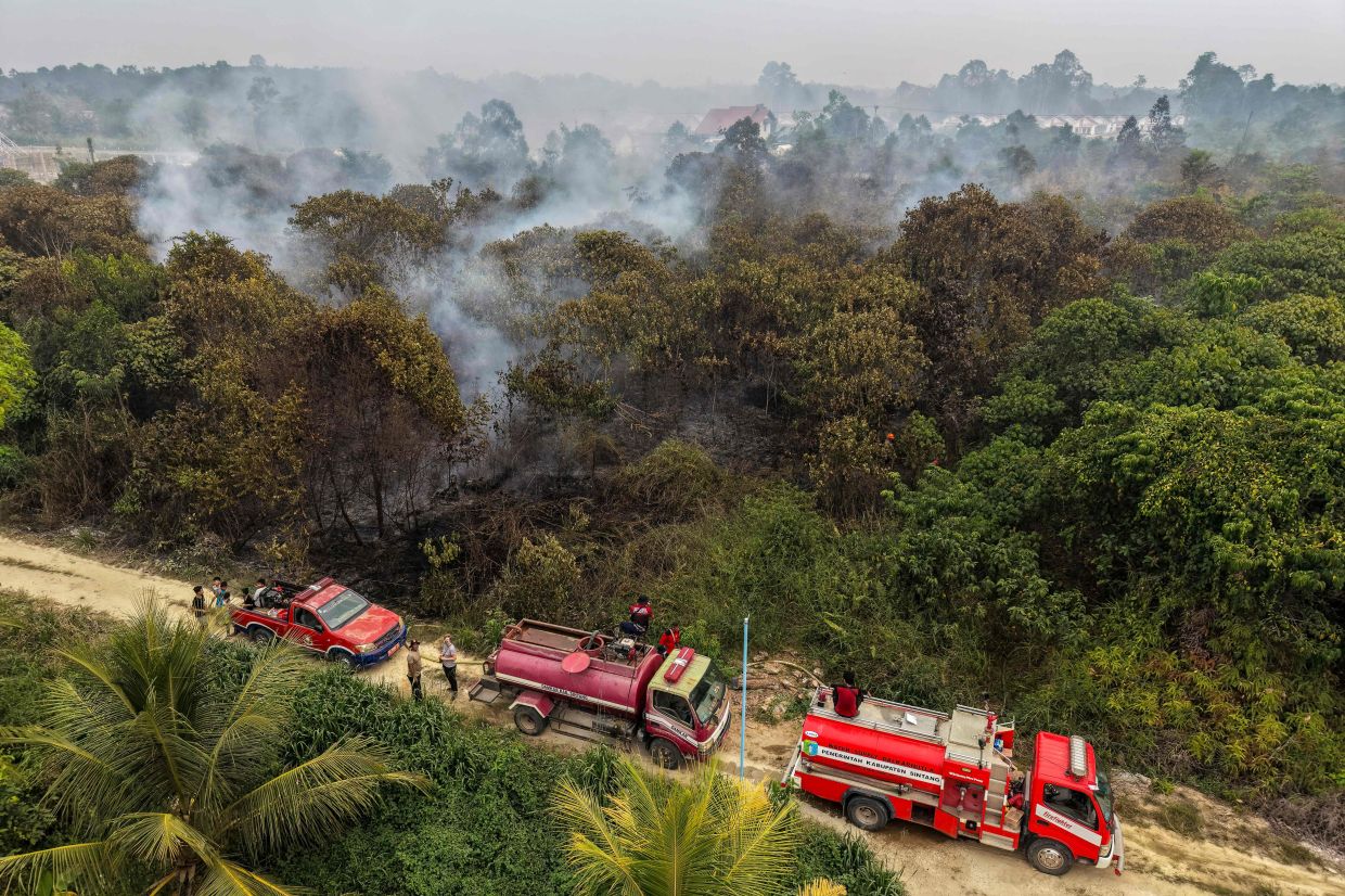 This aerial view shows firefighters battling peatland fires in Sintang, West Kalimantan on September 5, 2026. Fires in Indonesia that have caused a regional haze crisis burned through over 1.9 million hectares between January and the end of September this year, a monitor analysing satellite imagery said on October 19, 2026. -- Photo by BAY ISMOYO / AFP