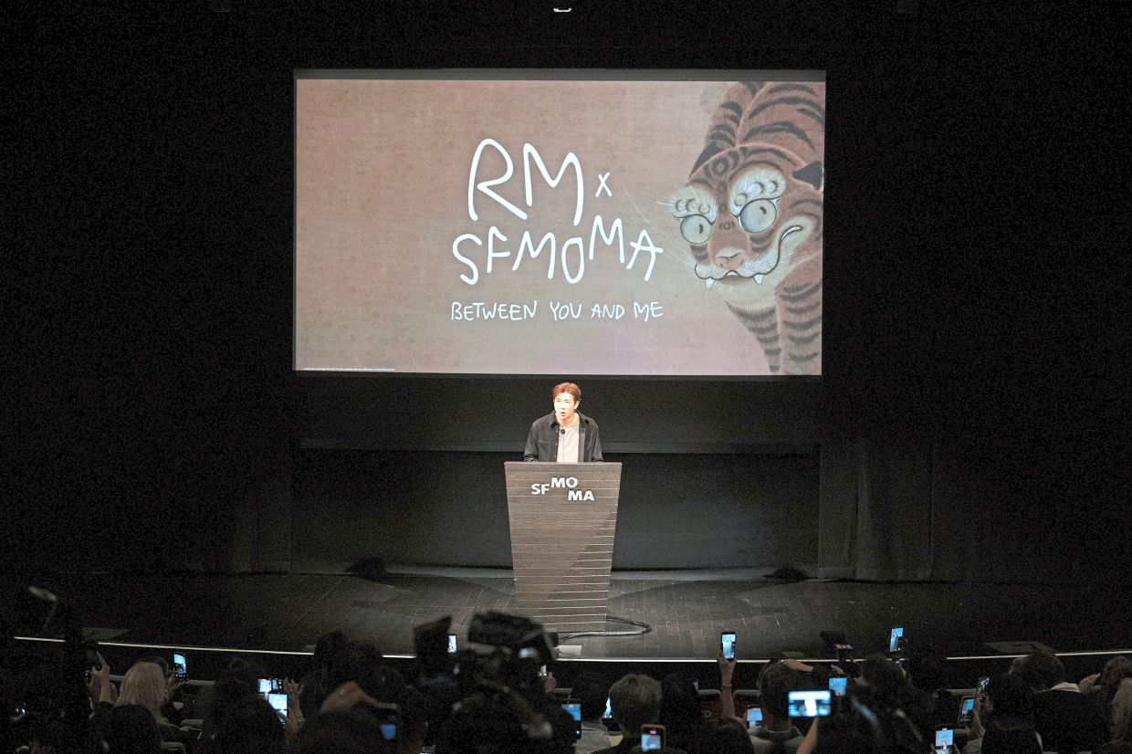 RM speaks to the media ahead of the preview of 'RM X SFMOMA: Between You And Me' late last month at the San Francisco Museum of Modern Art. Photo: AP