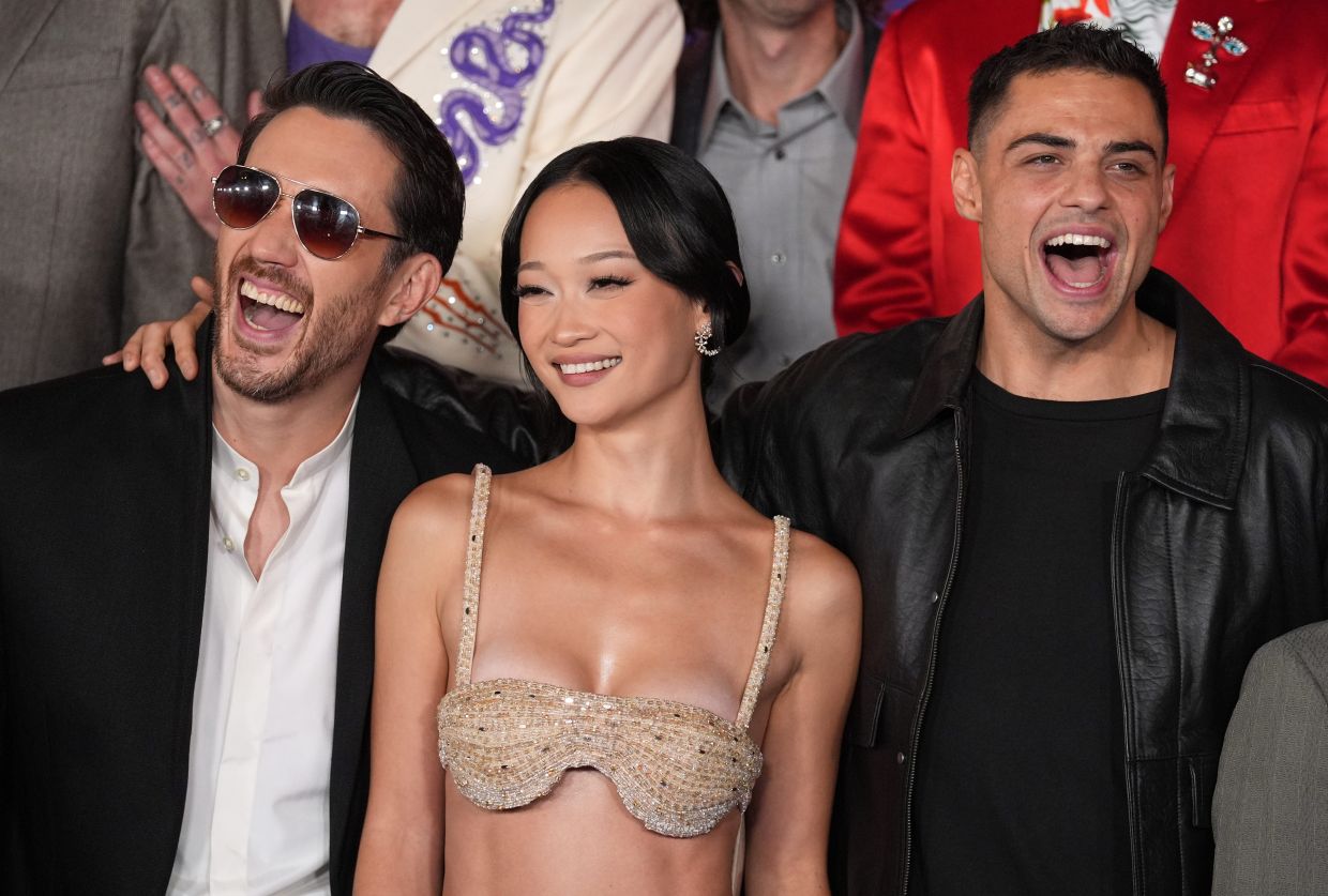 (From left) Andrew Koji, Callina Liang and Noah Centineo, at the premiere of the film on Oct 12, 2026 in Los Angeles. Photo: AP