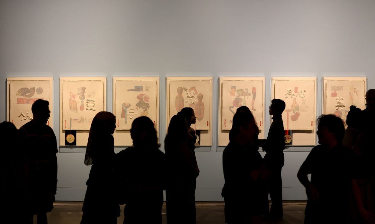 Created in 1982 with papermakers at China’s Xuan Paper Mill, this series of unique collages represents seven Chinese characters and is part of the 'Robert Rauschenberg And Asia' exhibition at Ilham Gallery, Kuala Lumpur. Photo: The Star/Chan Tak Kong