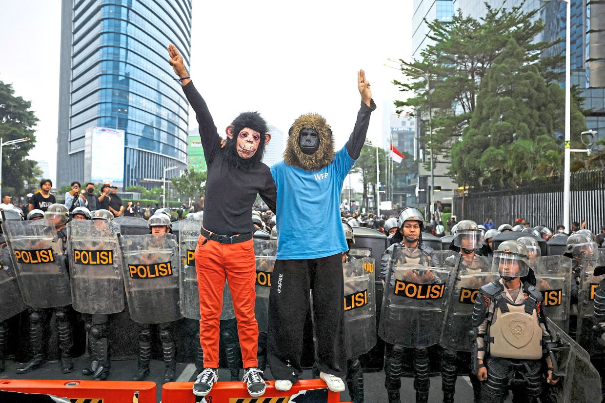 Protesters wearing primate masks standing in front of a police line. — AFP/AP/Reuters