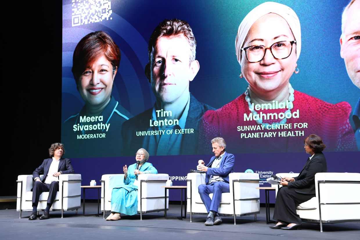 GTP 2926 co-chairs Dr Jemilah (second from left) and Lenton (second from right) joining Wellcome Trust climate and health director Alan Dangour (left) in a plenary on The Science of Global Tipping Points. On the right is moderator Meera Sivasothy, who is Monash University Malaysia professor of practice in digital media and communication. — ART CHEN/The Star